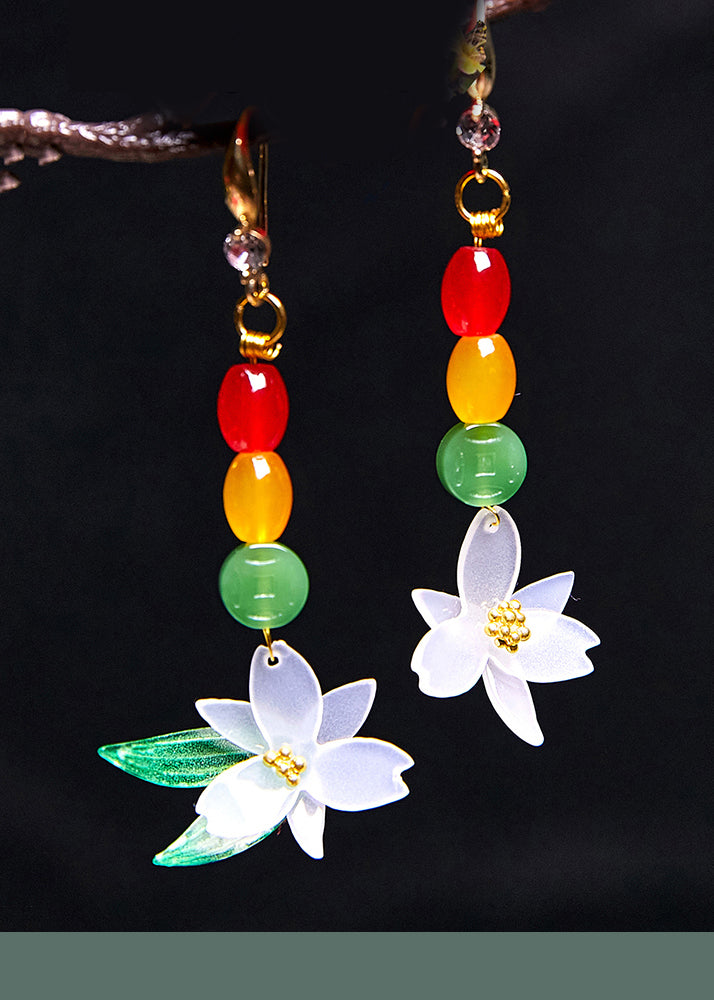 Jade Lotus Flower Zircon Drop Earrings