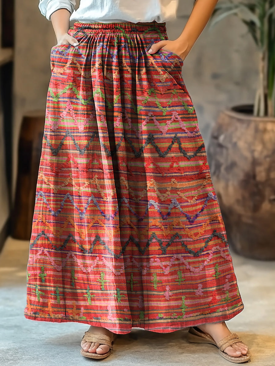 Women's Colorful Ethnic Line Art Pattern Print Cotton Pocket Skirt
