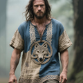 Men's Viking Celtic Wolf Embroidered Contrast V-neck Linen Blend Shirt artswardrobe