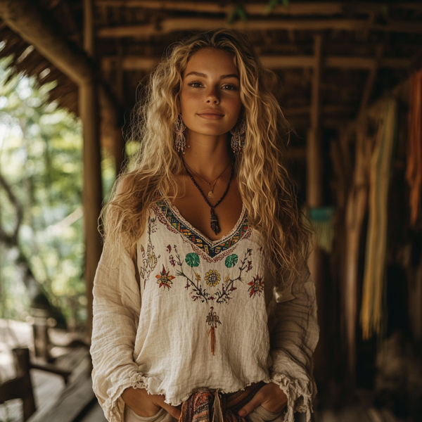 Comstylish Retro Boho Tribal Art Embroidery Print Cotton And Linen V-neck Loose Shirt