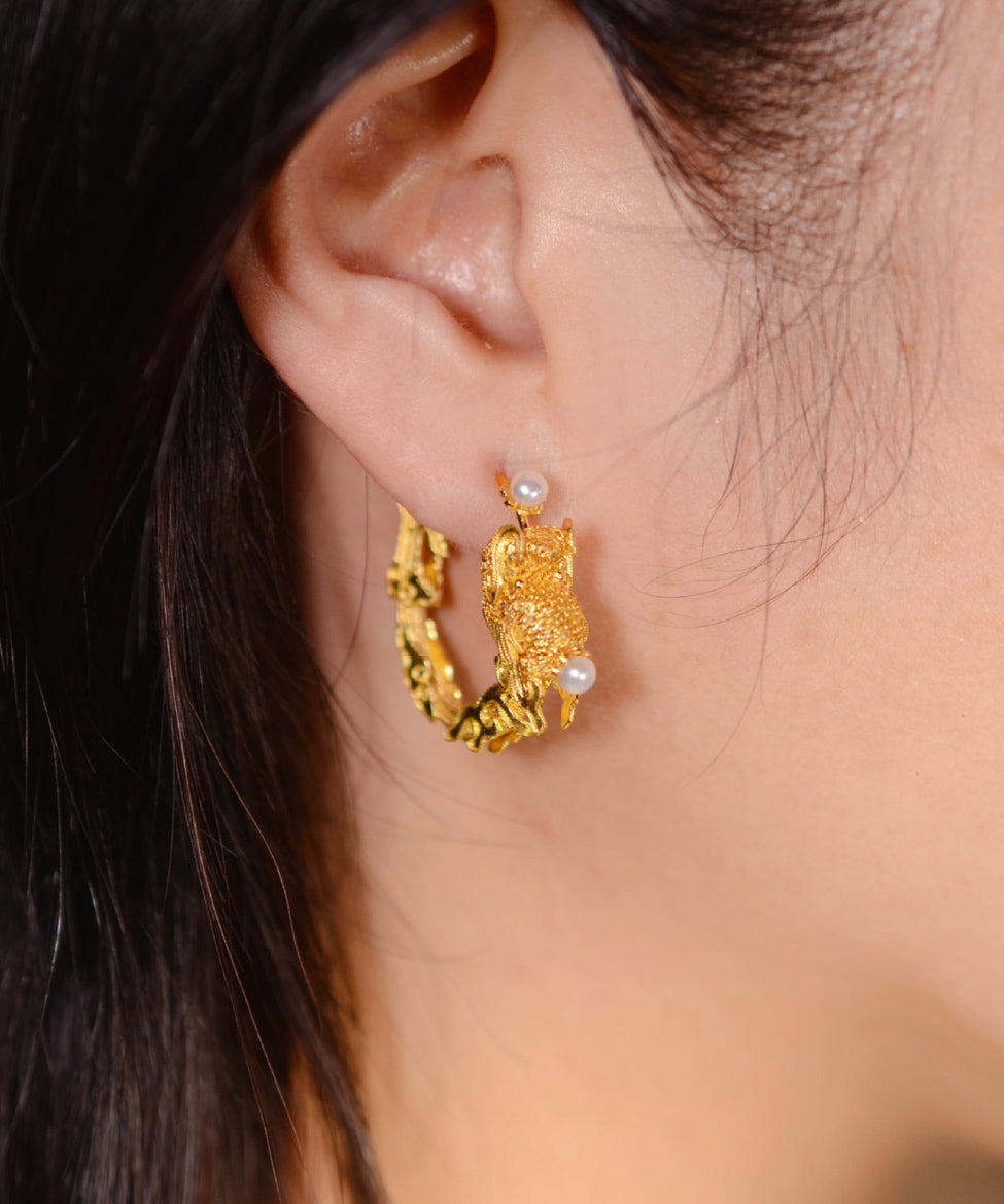 Gold Copper Overgild Pearl Enamel Drago Hoop Earrings