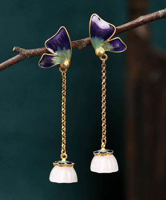 Purple Ancient Gold Enamel Jade Butterfly Drop Earrings