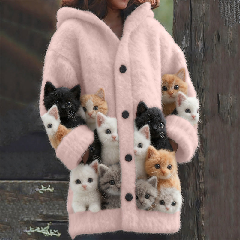 Lovely Fuzzy Cats Cozy Knit Hooded Cardigan elevenforest