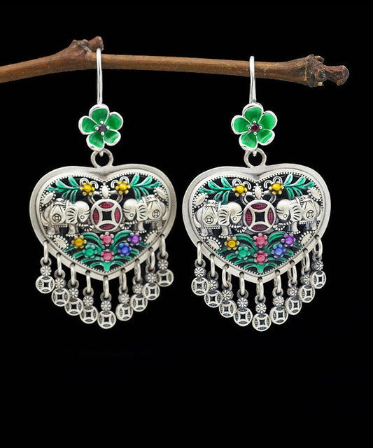Green Sterling Silver Heart Tassel Drop Earrings