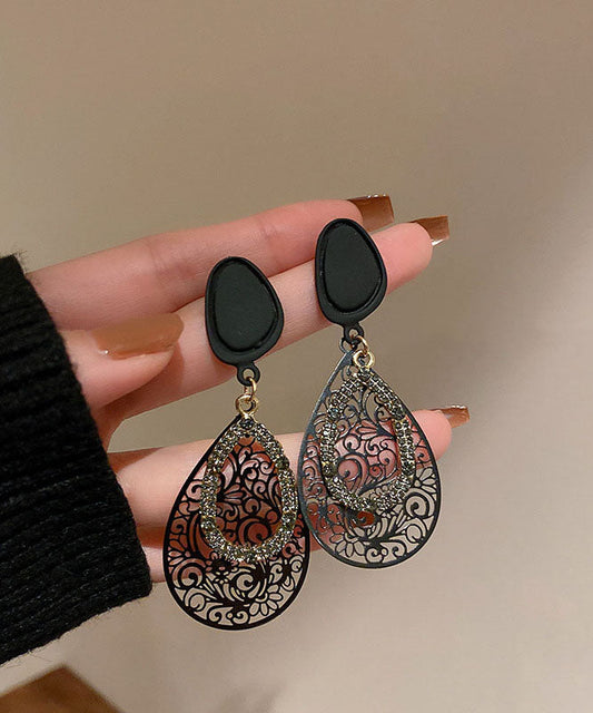 Unique Black Alloy Zircon Water Drop Hollow Out Drop Earrings