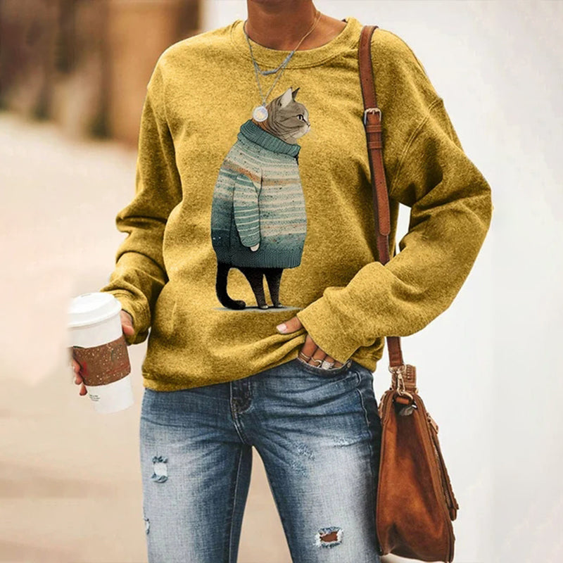 Winter Cat Print Crew Neck Sweatshirt elevenforest