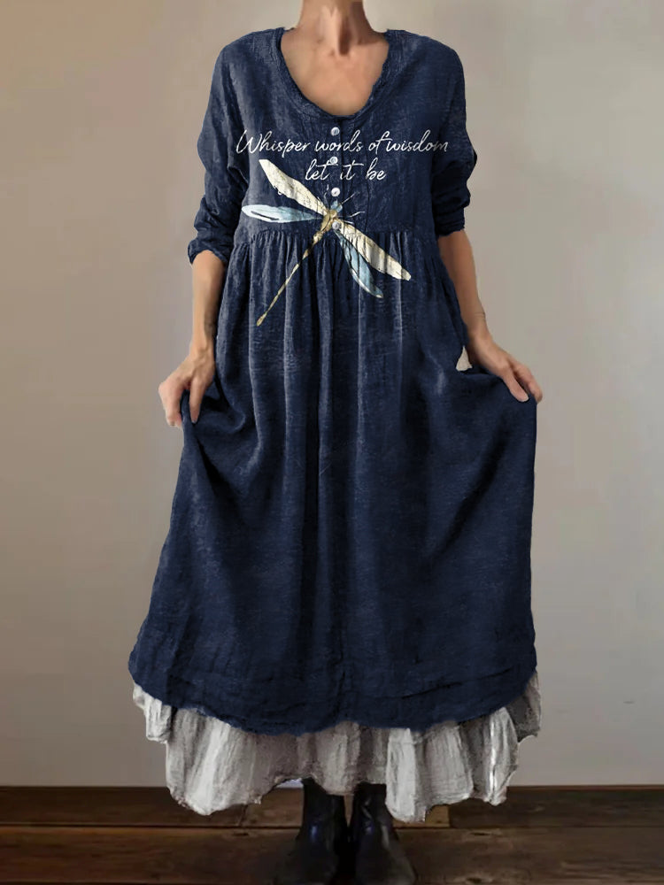 Women's Hippie Dragonfly Art Print V-Neck Button Pocket Cotton Dress