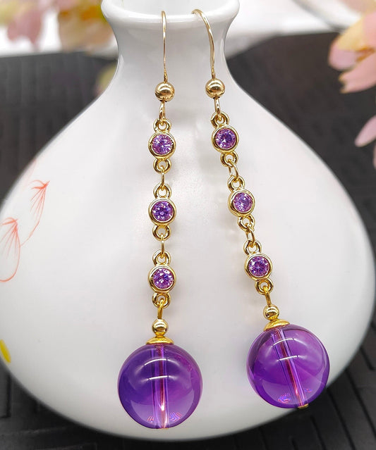 Skinny Purple Smooth Finish 14k Gold Crystal Tassel Drop Earrings