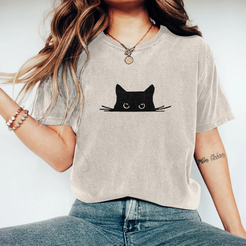 Abstract Creative Embroidered Black Cat Art Print  T-shirt elevenforest