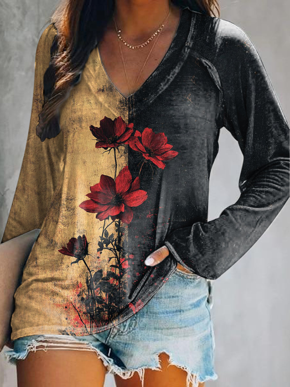 Women's Casual Retro Rose Flower Art Print V Neck Long Sleeve Tops