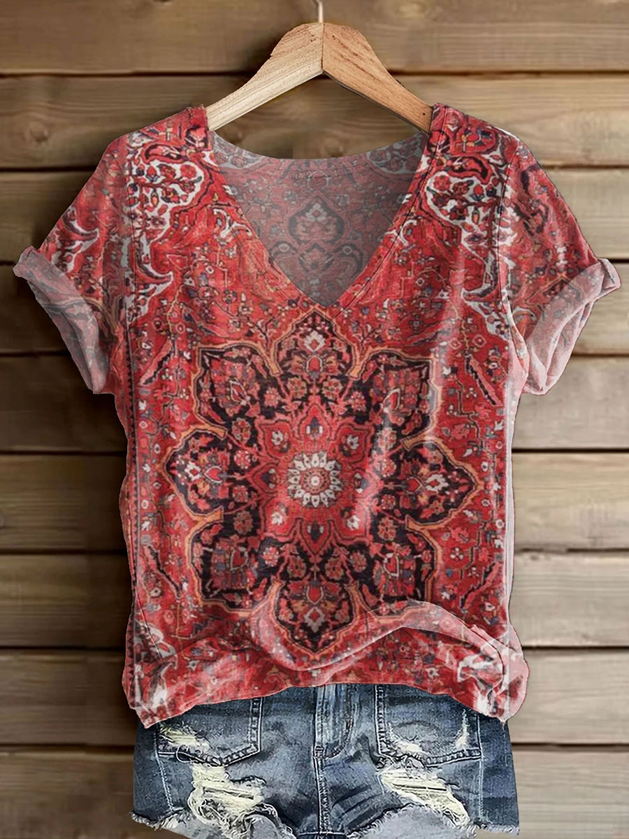 Women's Ethnic Totem Art Print Casual V-neck Cotton T-shirt