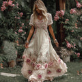 Women's Vintage Rose Embroidery Art Round Neck Short Sleeve Maxi Dress artswardrobe