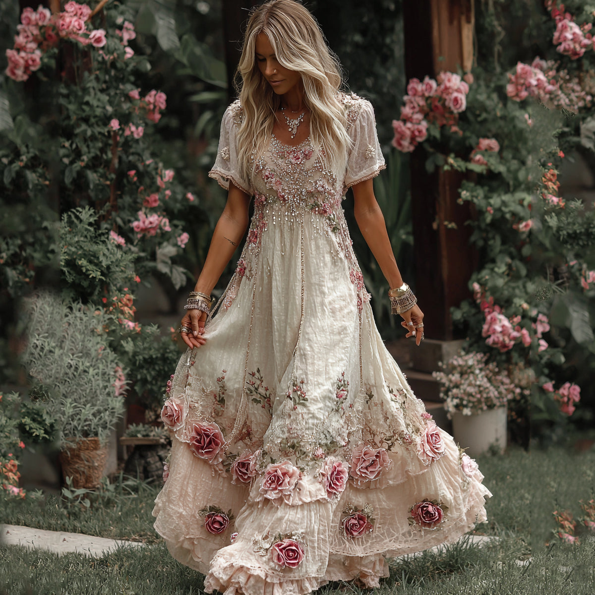 Women's Vintage Rose Embroidery Art Round Neck Short Sleeve Maxi Dress artswardrobe