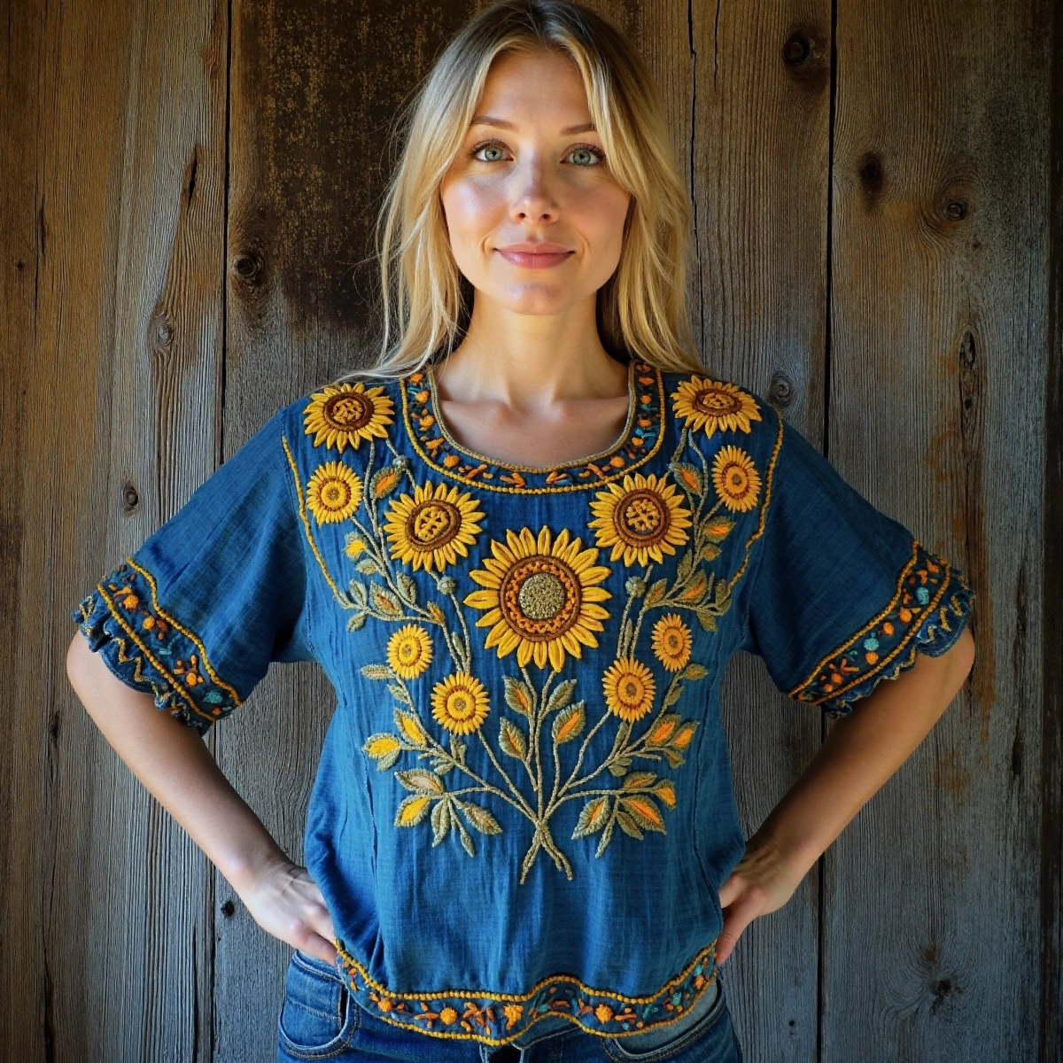 Vintage Sunflower Folk Floral Linen T-shirt artswardrobe