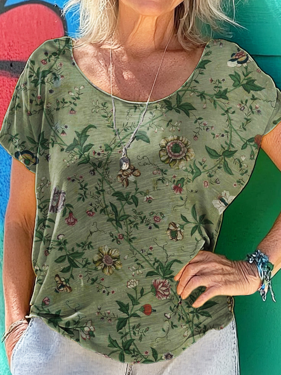 Women's Vintage Ethnic Floral Art Print 100%Cotton Crew Neck T-Shirt