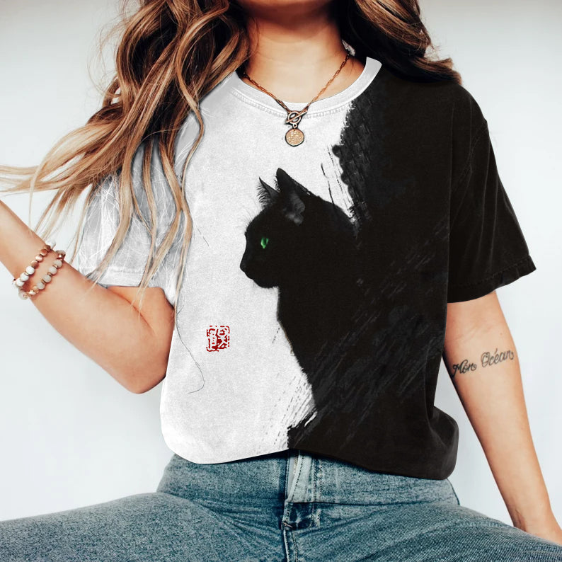 Abstract Creative Black And White Contrast Cat Painting Art T-Shirt elevenforest