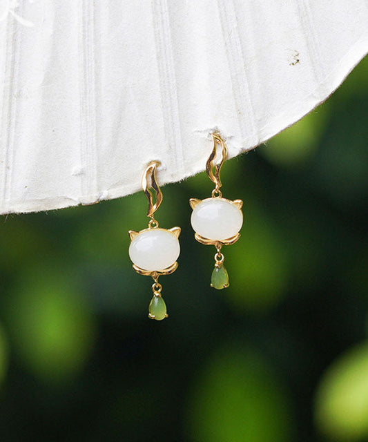 White Sterling Silver Overgild Jade Drop Earrings