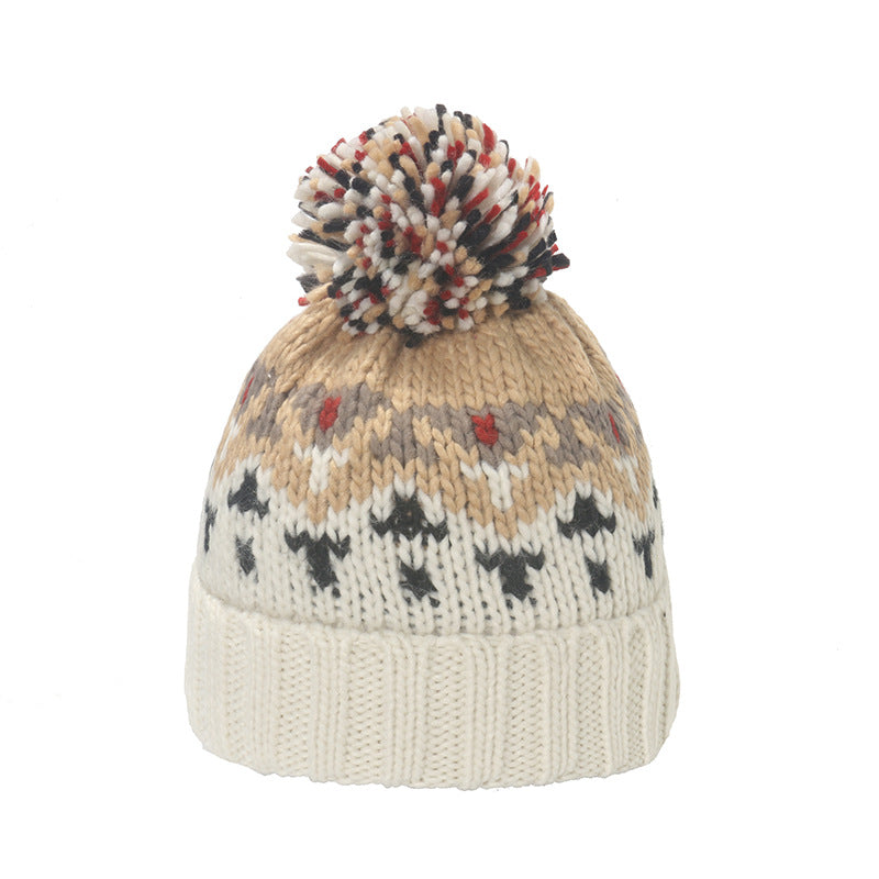 Warm Mohair Geometric Diamond Jacquard Fur Ball Wool Hat elevenforest