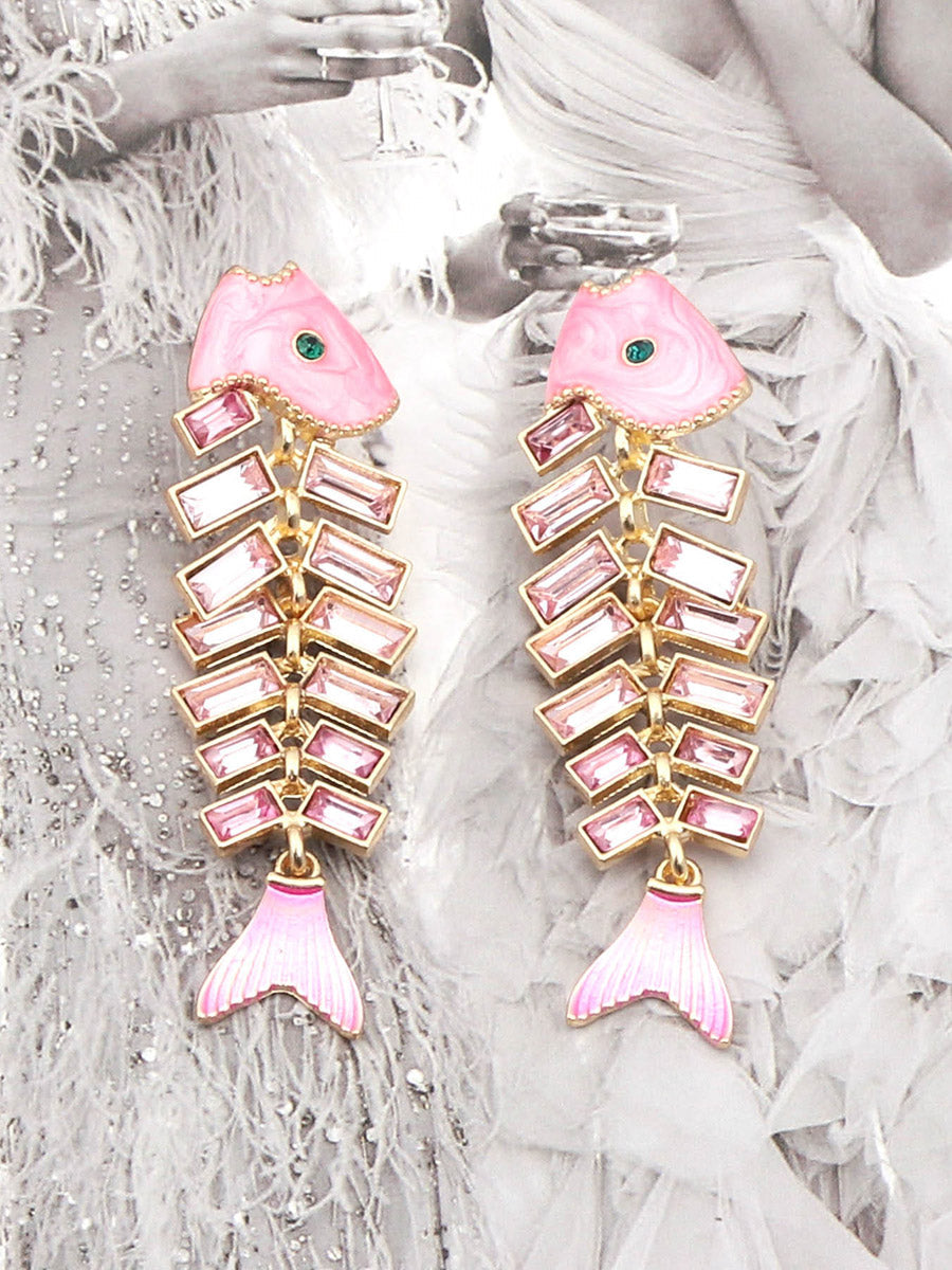 Fish Bones Rhine Stones Shiny Earrings Accessories