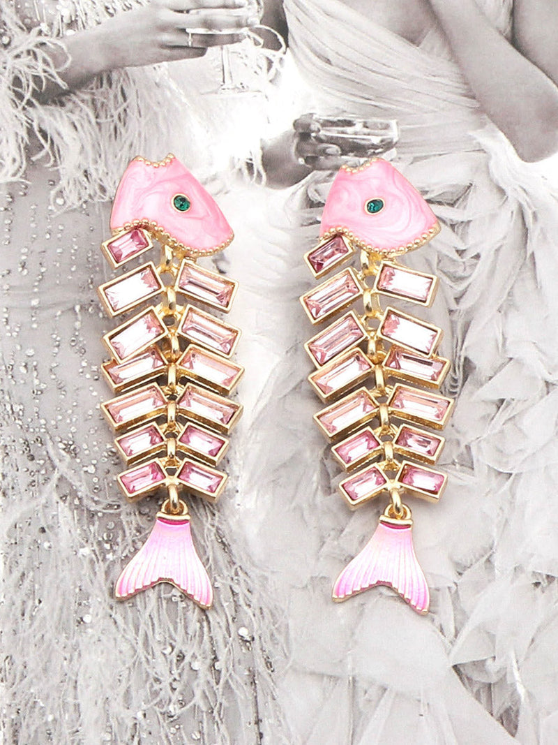 Fish Bones Rhine Stones Shiny Earrings Accessories