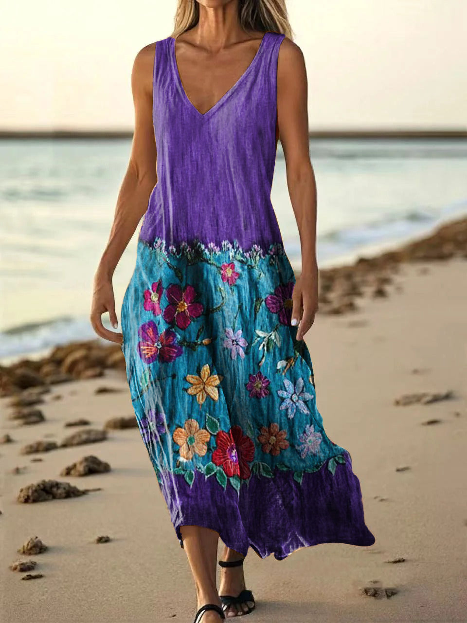 Women's Vintage Bohemian Floral Art Print Pocket Cotton Dress