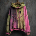 Comstylish Halloween Spooky Face Stitched Colorblock Patchwork Washed Hoodie