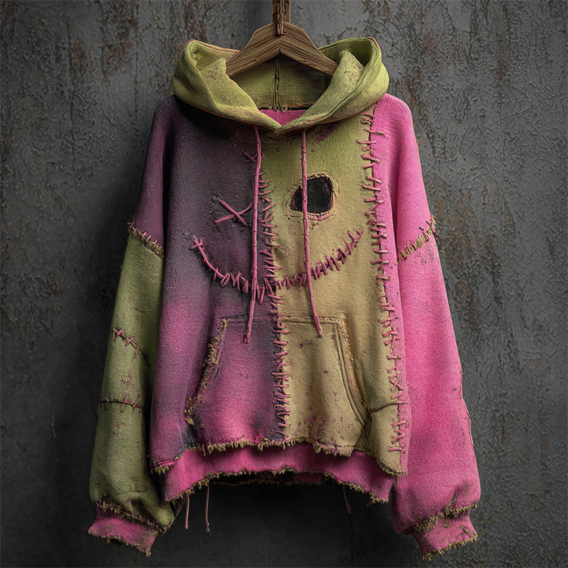 Comstylish Halloween Spooky Face Stitched Colorblock Patchwork Washed Hoodie