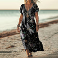 Dragonfly Floral Art Print Short Sleeve Linen Midi Dress artswardrobe