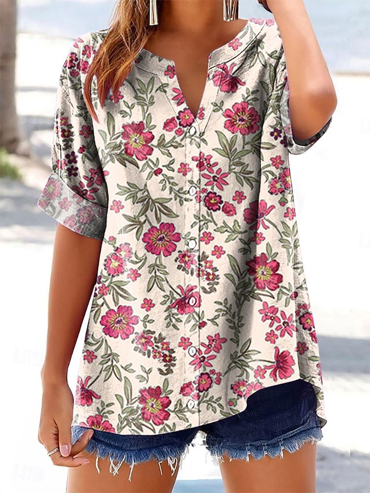 Women's Floral Pattern Art Print Cotton Linen Casual Shirt