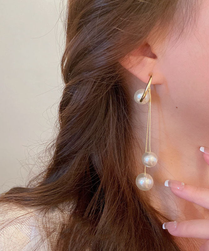 White Copper Pearl Tassel Drop Earrings