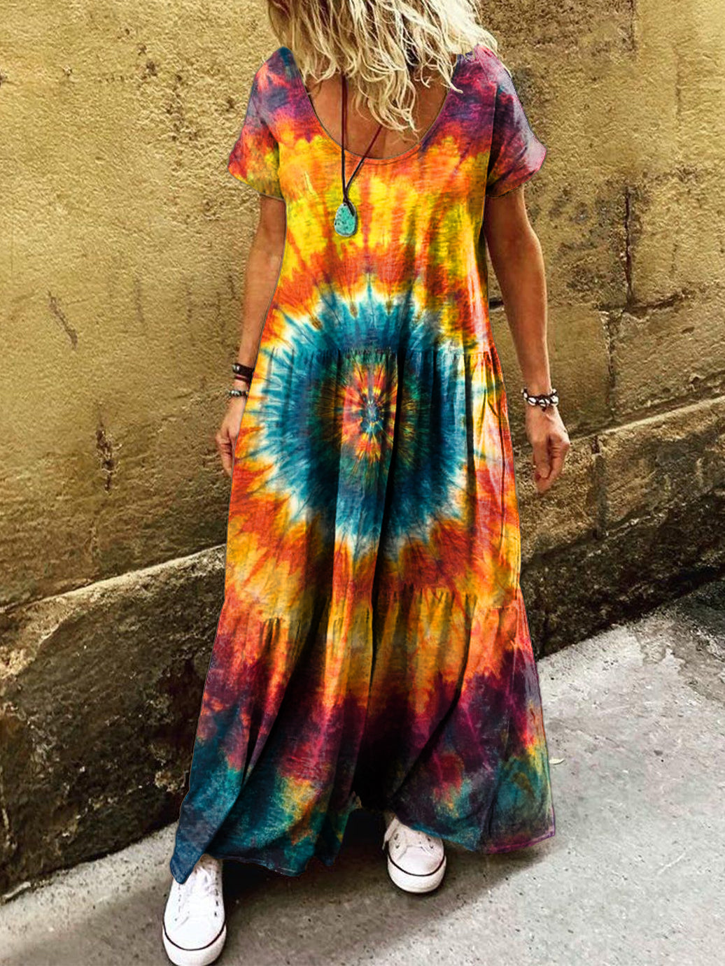 Women's Tie-Dye Art Print Pocket Short Sleeve Cotton Dress