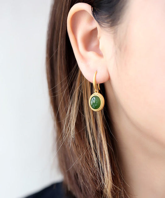 Spinach Green Sterling Silver Inlaid Jade Drop Earrings