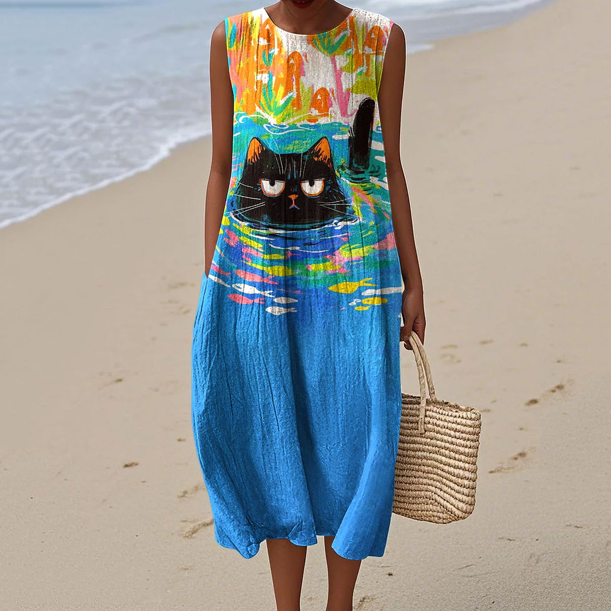 Abstract Creative Oil Cat Style Painting Art Linen Tank Dress artswardrobe