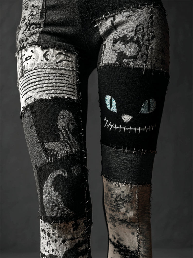 Halloween Spooky Cat Face Patchwork Cozy Knit Leggings elevenforest