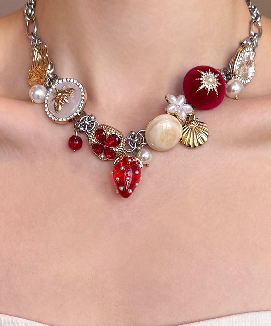 Handmade Red Strawberry Zircon Button Adjustable Alloy Choker
