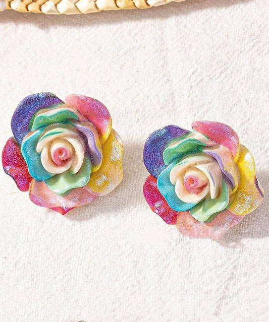 Rainbow Alloy Resin Rose Stud Earrings