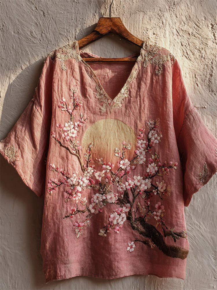 Japanese Cherry Blossom Full Moon Embroidered Linen Tunic artswardrobe