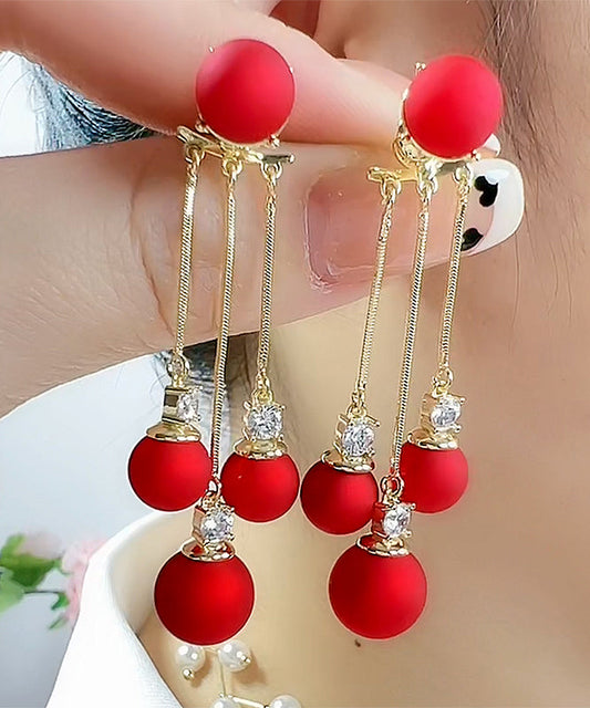 Red Stering Silver Overgild Pearl Zircon Tassel Drop Earrings