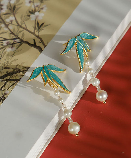 Blue Alloy Pearl Drip Glaze Bamboo Leaf Tassel Drop Earrings