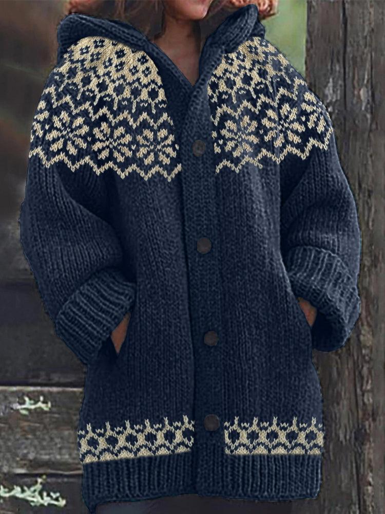Vintage Jacquard Cozy Icelandic Knit Hooded Cardigan artswardrobe