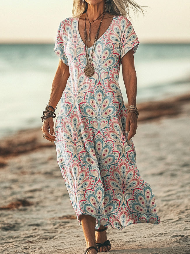 Women's Vintage Floral Art Print Pocket Cotton Dress