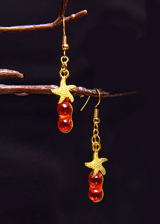 Red Gem Stone Starfish 14k Gold Drop Earrings