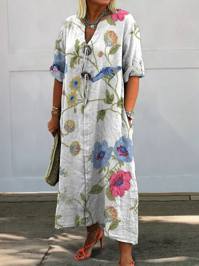Women's Vintage Lovely Bird Floral Art Print Pocket Cotton Dress
