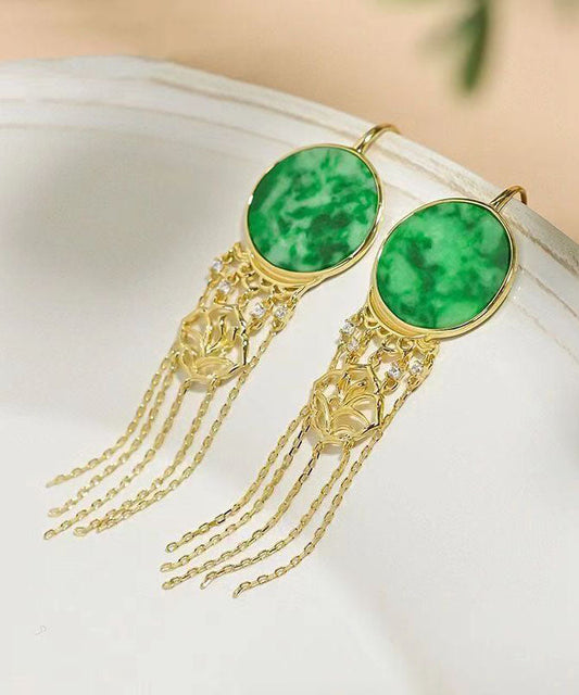 Green Sterling Silver Tie Dye Round Tassel Jadeite Drop Earrings