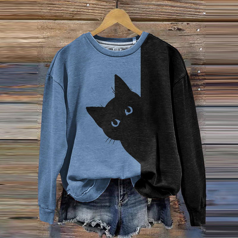 Women's Peek-A-Boo Hiding Black Cat Printed Sweatshirt elevenforest