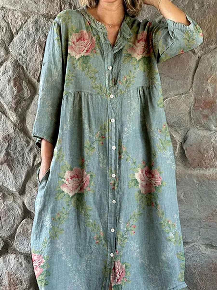 Women's Elegant Vintage Floral Print Shirt Style Cotton and Linen Dres