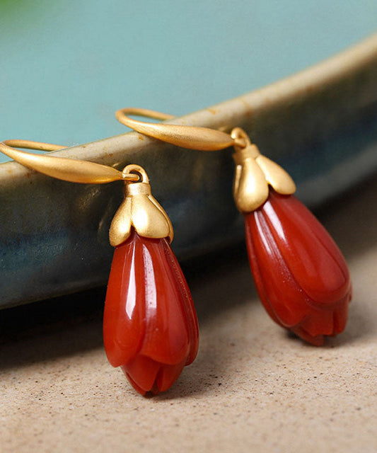 Red Sterling Silver Overgild Inlaid Agate Orchid Drop Earrings