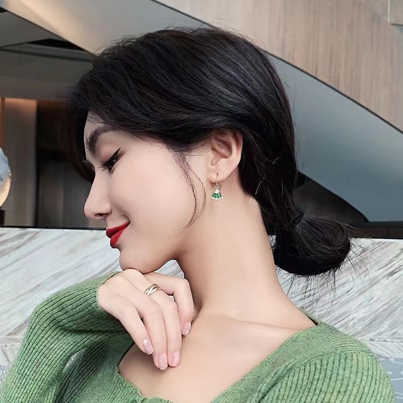 Green Sterling Silver Overgild Zircon Fan Shaped Hoop Earrings