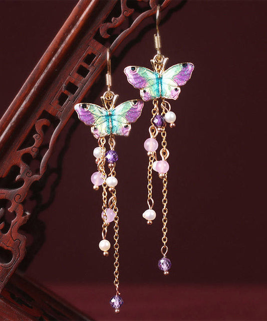 Pink Sterling Silver Pearl Chalcedony Butterfly Tassel Drop Earrings