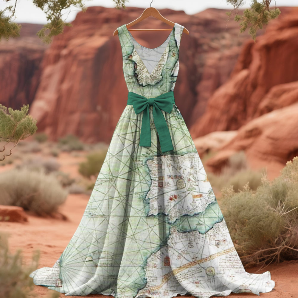 Vintage Medieval Nautical Map Women's Linen Maxi Dress artswardrobe